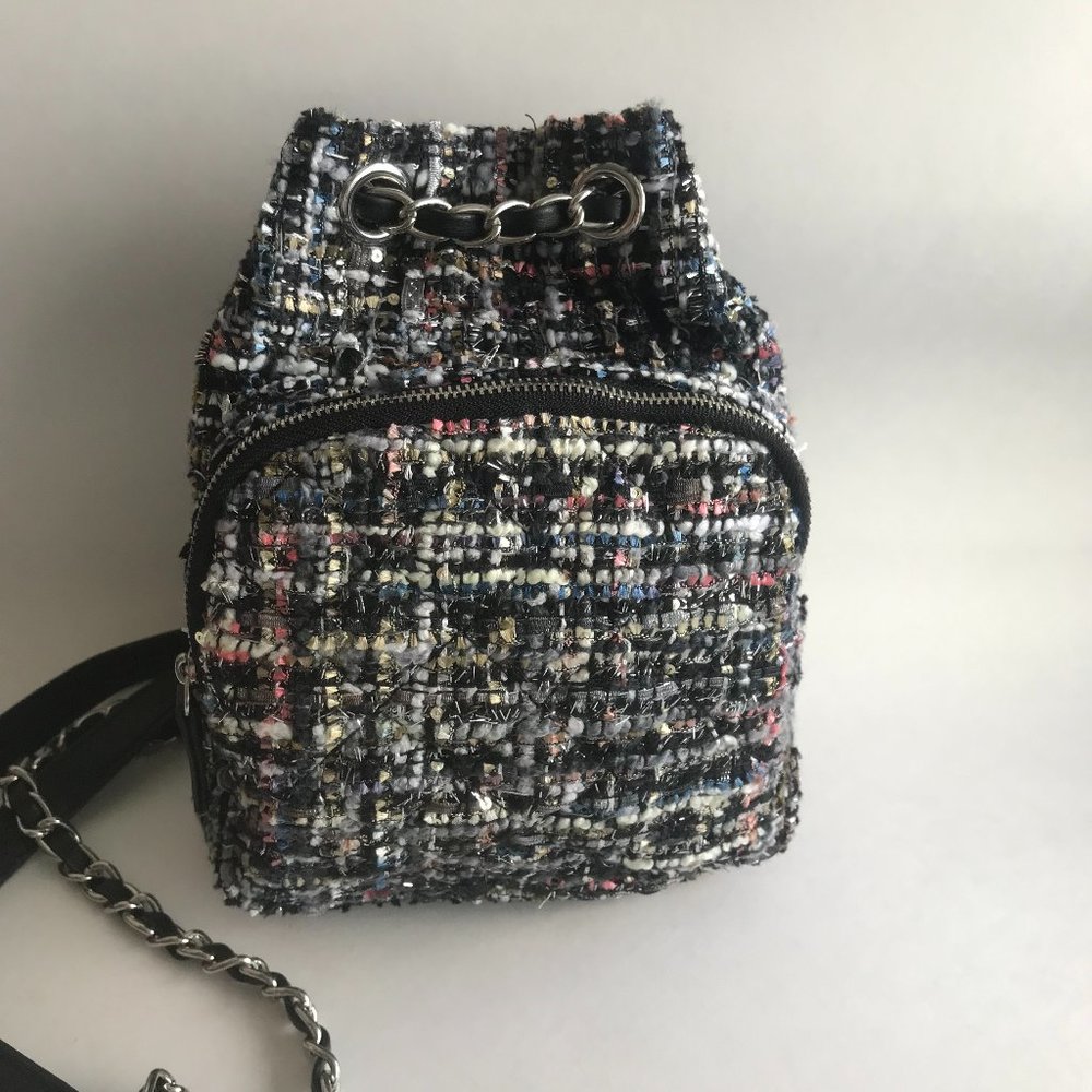 Zara Tweed Mini Backpack in Black with Pink, White and Blue Specks